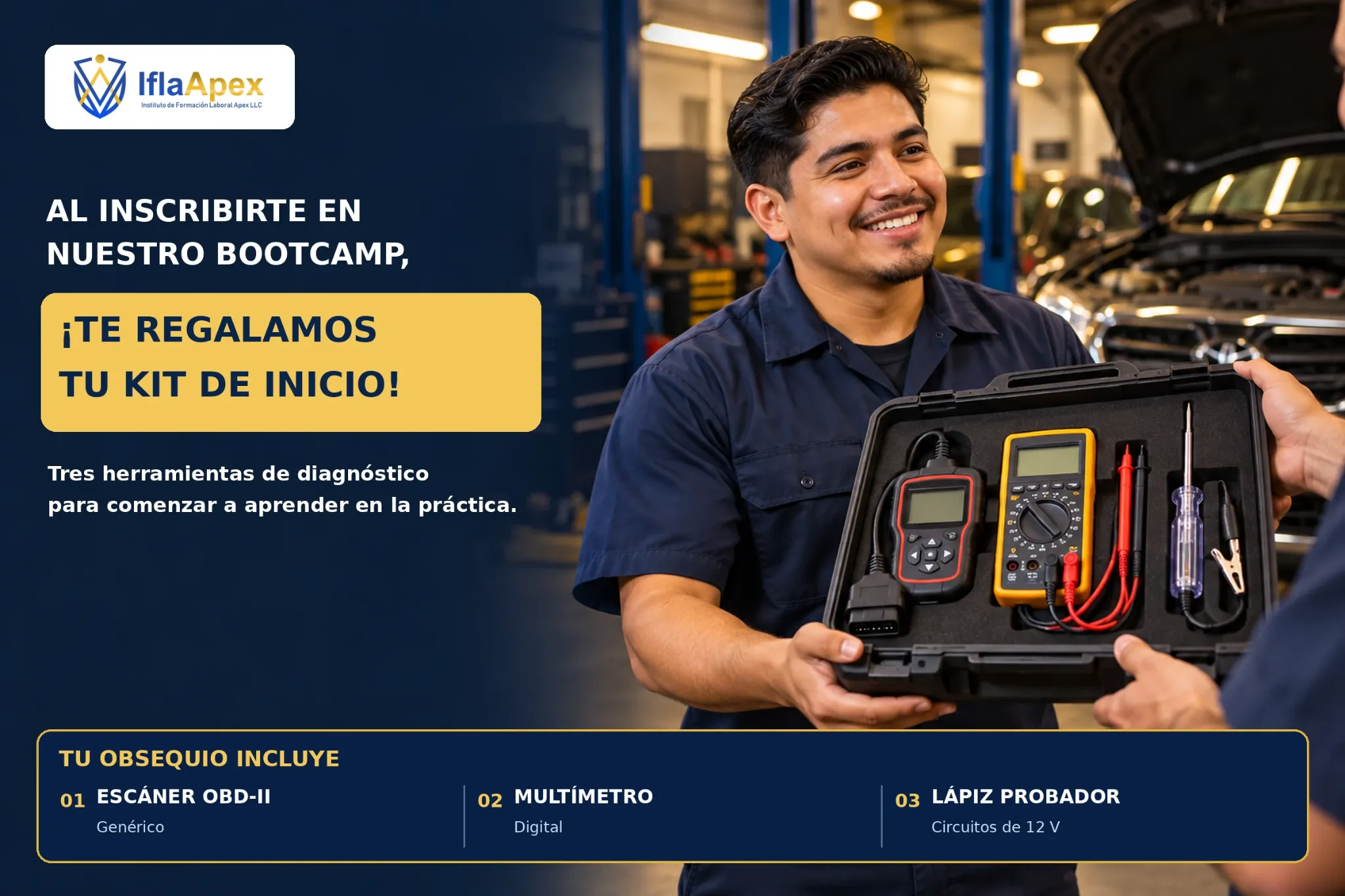 Kit promocional genérico para el Bootcamp IFLAPEX: escáner OBD-II, multímetro y lápiz probador de 12 voltios
